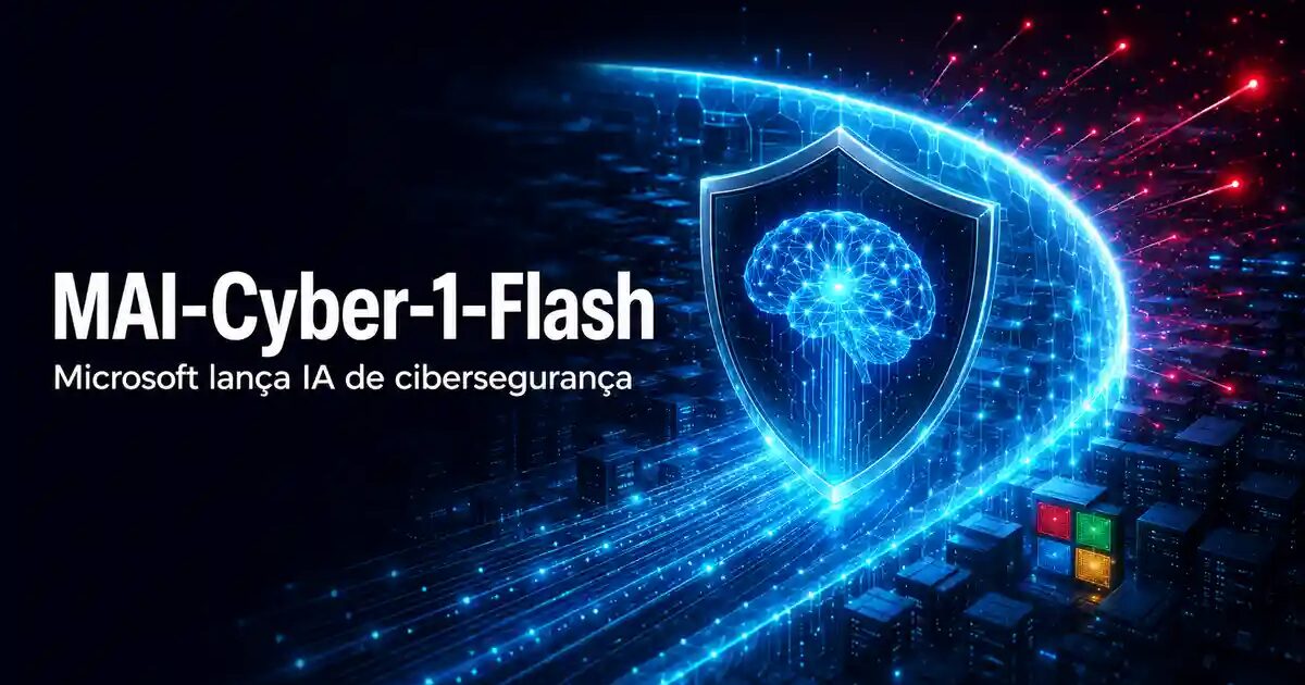 Escudo digital azul com cérebro de IA, defendendo contra ameaças. Fundo tecnológico com logo Microsoft. Texto: MAI-Cyber-1-Fl