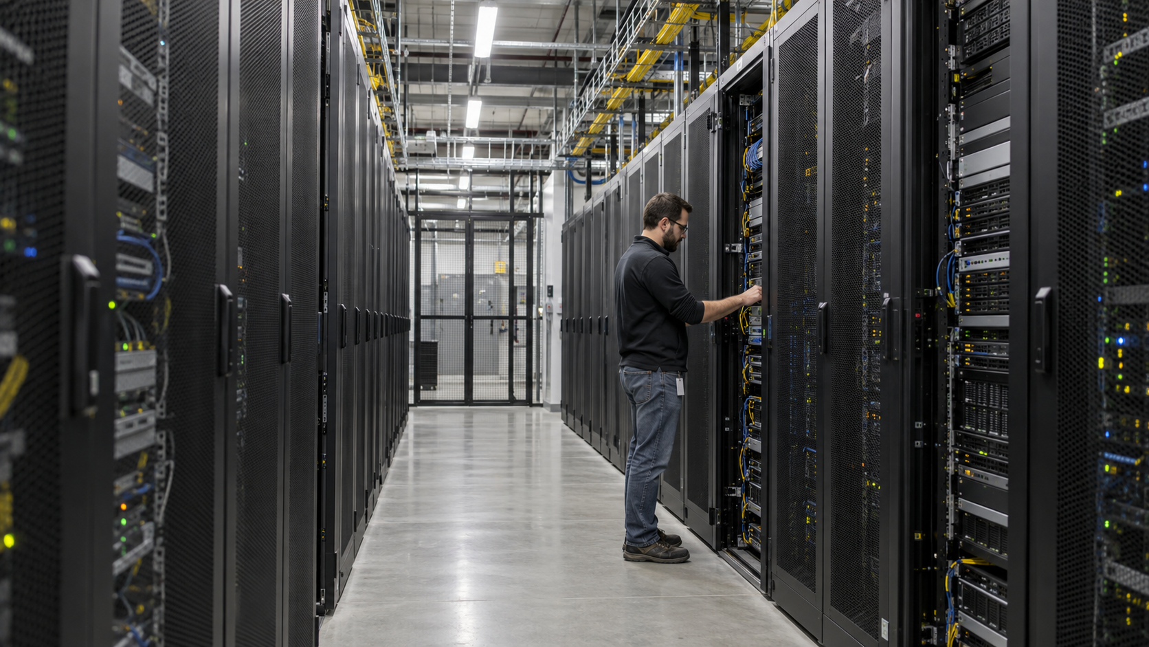 Técnico inspeciona servidores em um corredor de data center com racks, cabos e iluminação industrial.