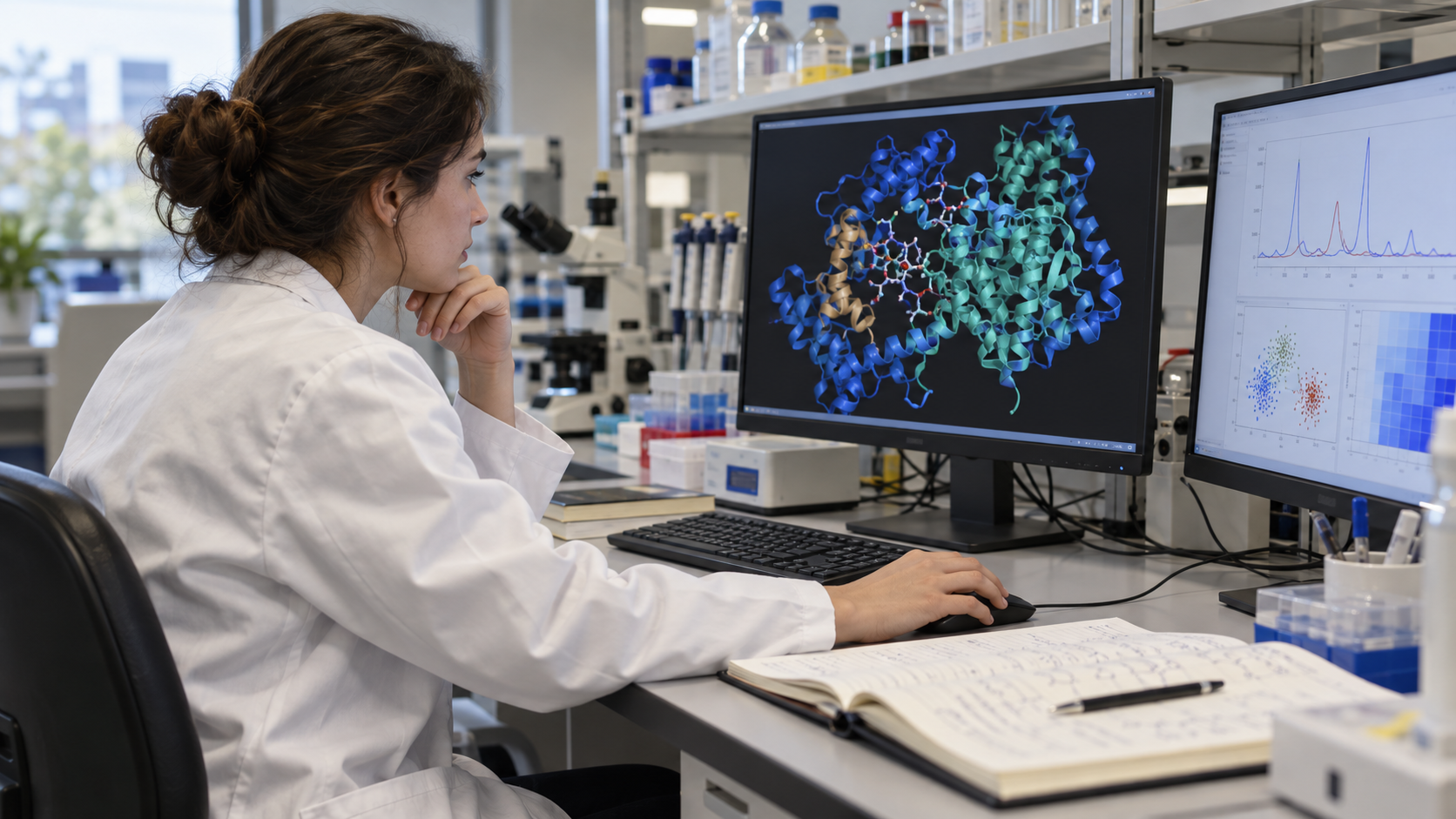 Pesquisadora em laboratório universitário analisa uma visualização de estrutura de proteína em um monitor.