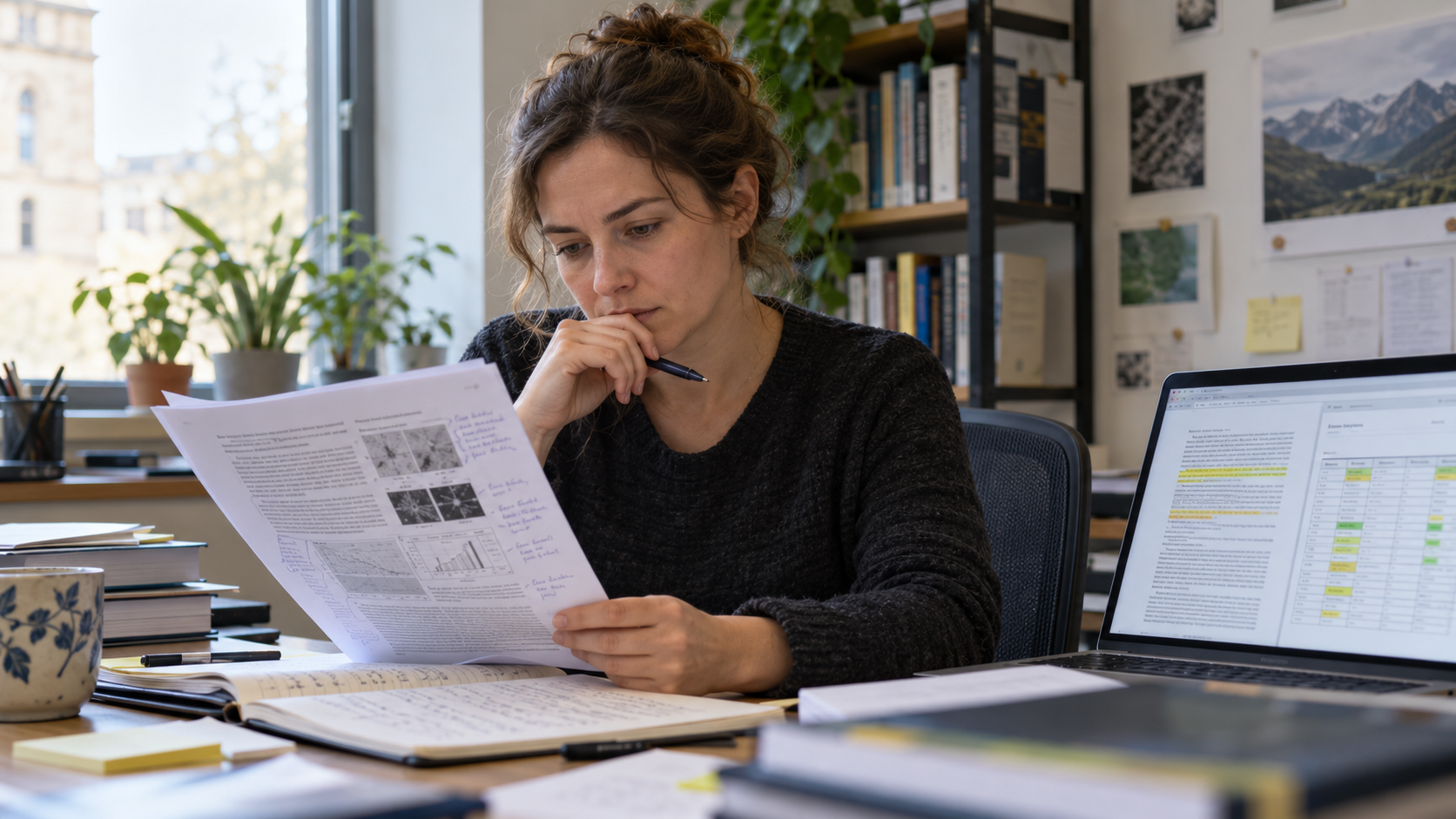 Pesquisadora revisa um artigo impresso com anotações ao lado de um computador em um escritório acadêmico.