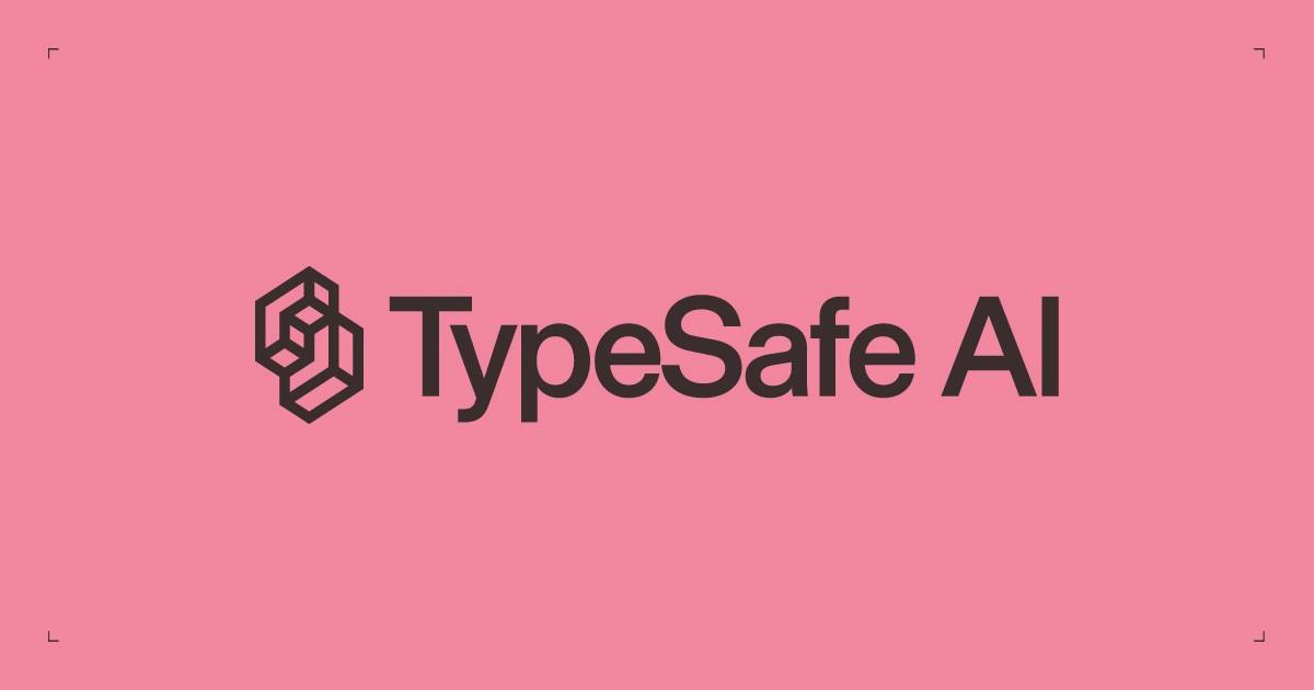 Fundo rosa com logo da TypeSafe AI: um símbolo geométrico abstrato e o texto "TypeSafe AI" em cinza escuro. Pequenos "L" nos