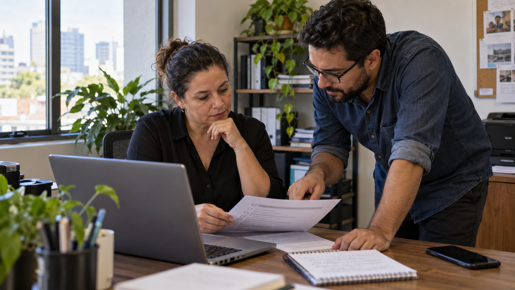 Dona de uma pequena empresa e consultor de TI revisam juntos um plano de segurança digital em uma mesa de escritório iluminada.