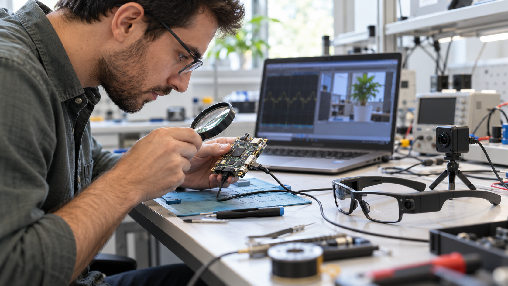 Engenheira examina uma pequena placa eletrônica de desenvolvimento ao lado de óculos inteligentes sobre a bancada de um laboratório.