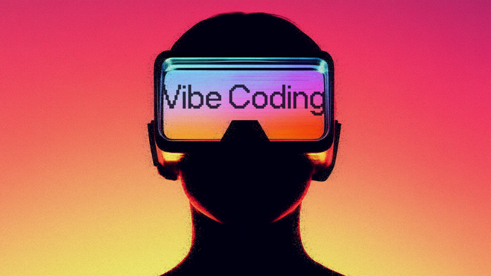 Silhueta de pessoa usando óculos VR com "Vibe Coding" pixelado na tela, sobre fundo gradiente rosa e laranja.